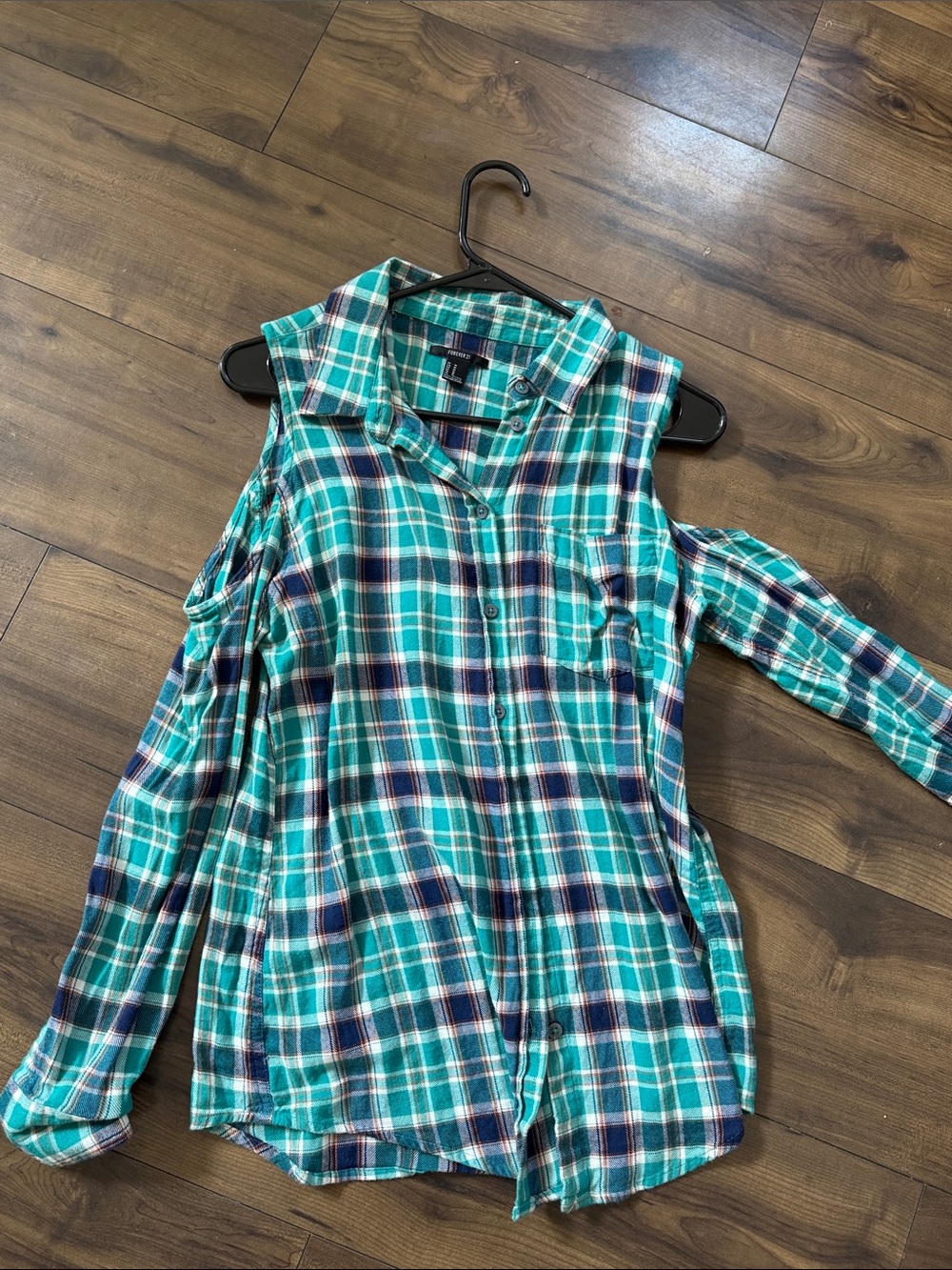 Forever 21 Teal and Navy Plaid Cold-Shoulder Button-Down Top